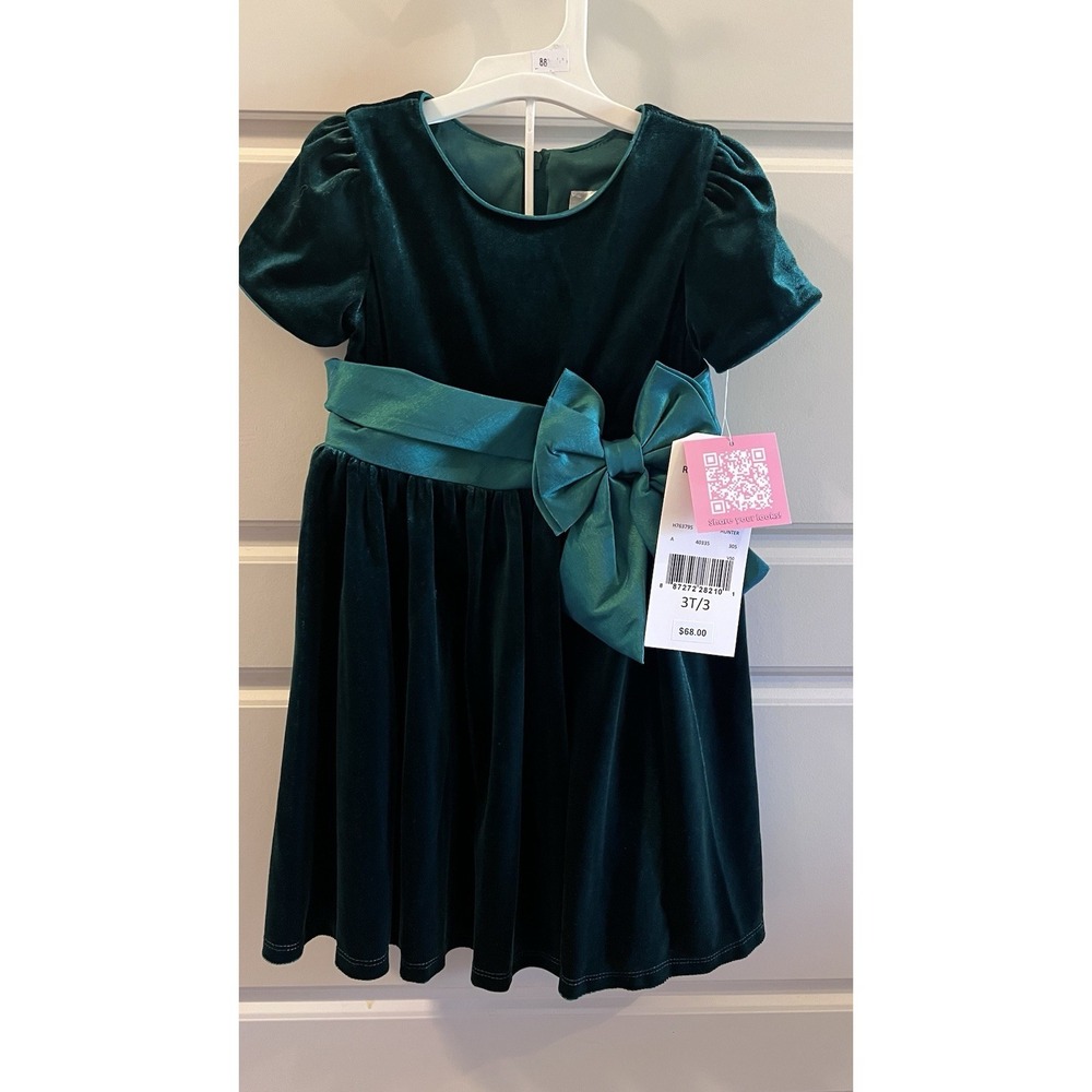 New Rare Editions Ribbon Detail Puff Sleeves Velvet Dress Little Girl 5T